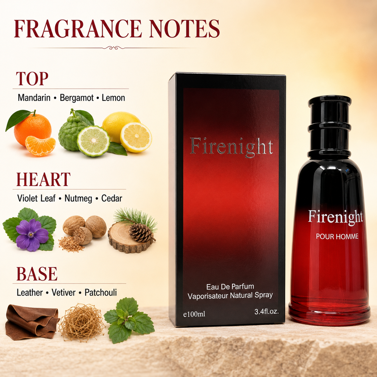 Firenight EDP for Men & Women 100ml 3.4oz Long Lasting Spicy Leather Woody Cologne