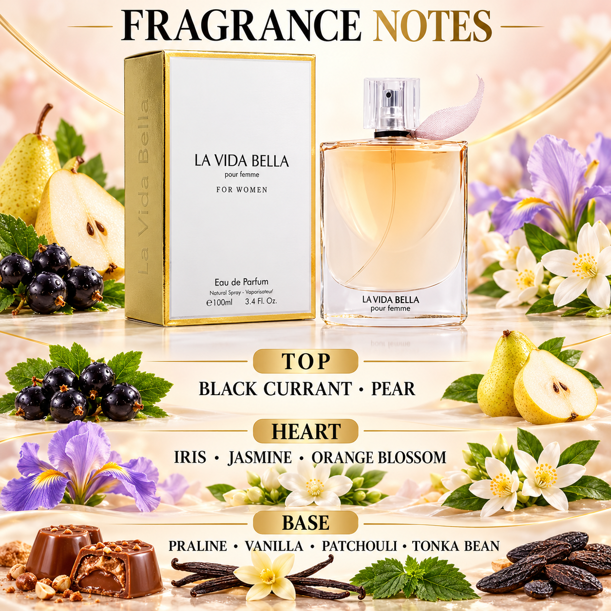 La Vida Bella Pour Femme Eau de Parfum Women 3.4 oz 100ml Floral Gourmand Perfume Spray
