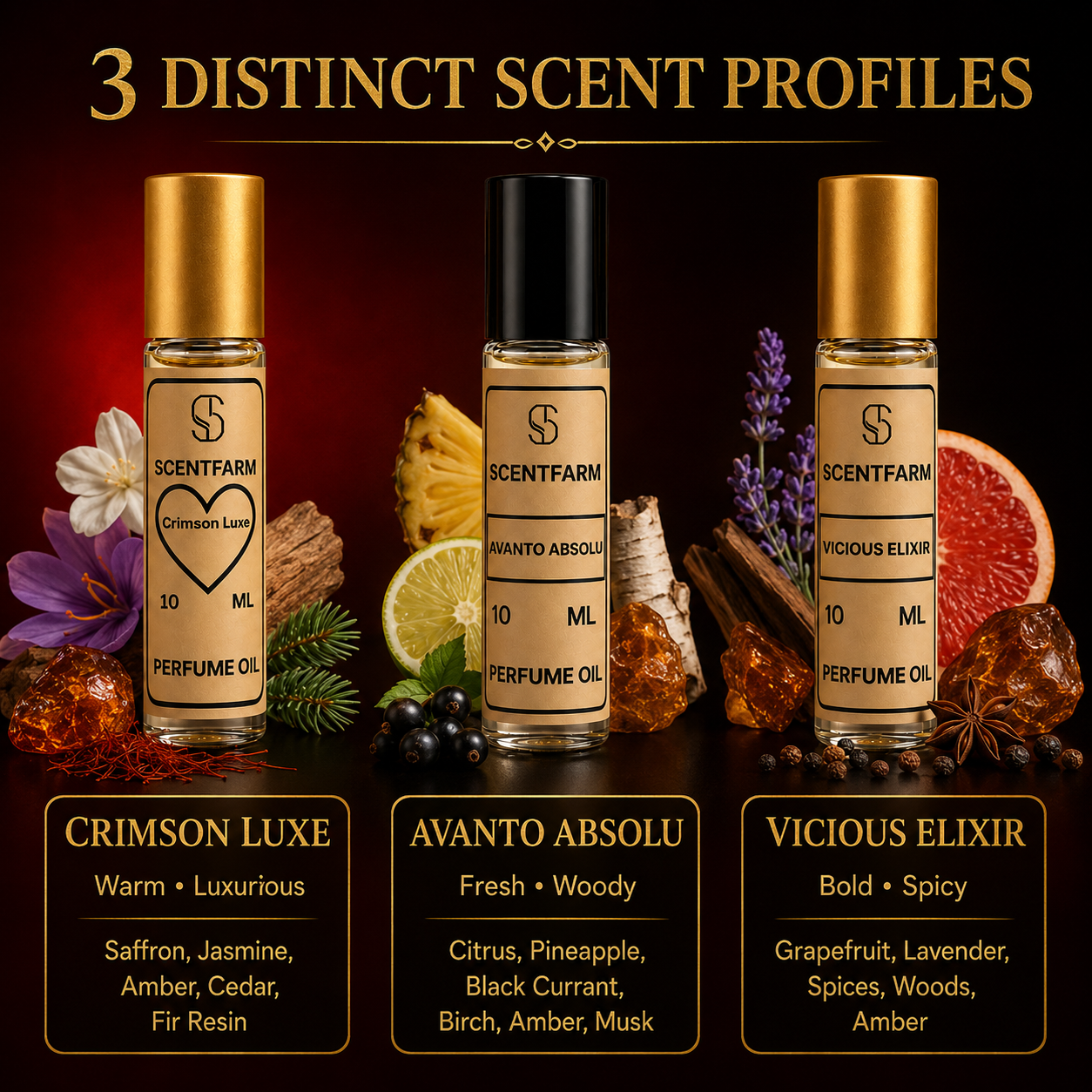 Luxury Perfume Body Oil Gift Set for Men and Women – 3 Pack Premium Quality Long Lasting Fragrance Oils, Alcohol Free Travel Size 10ML Roll On Collection, Crimson, Avanto, Vicious Elixir