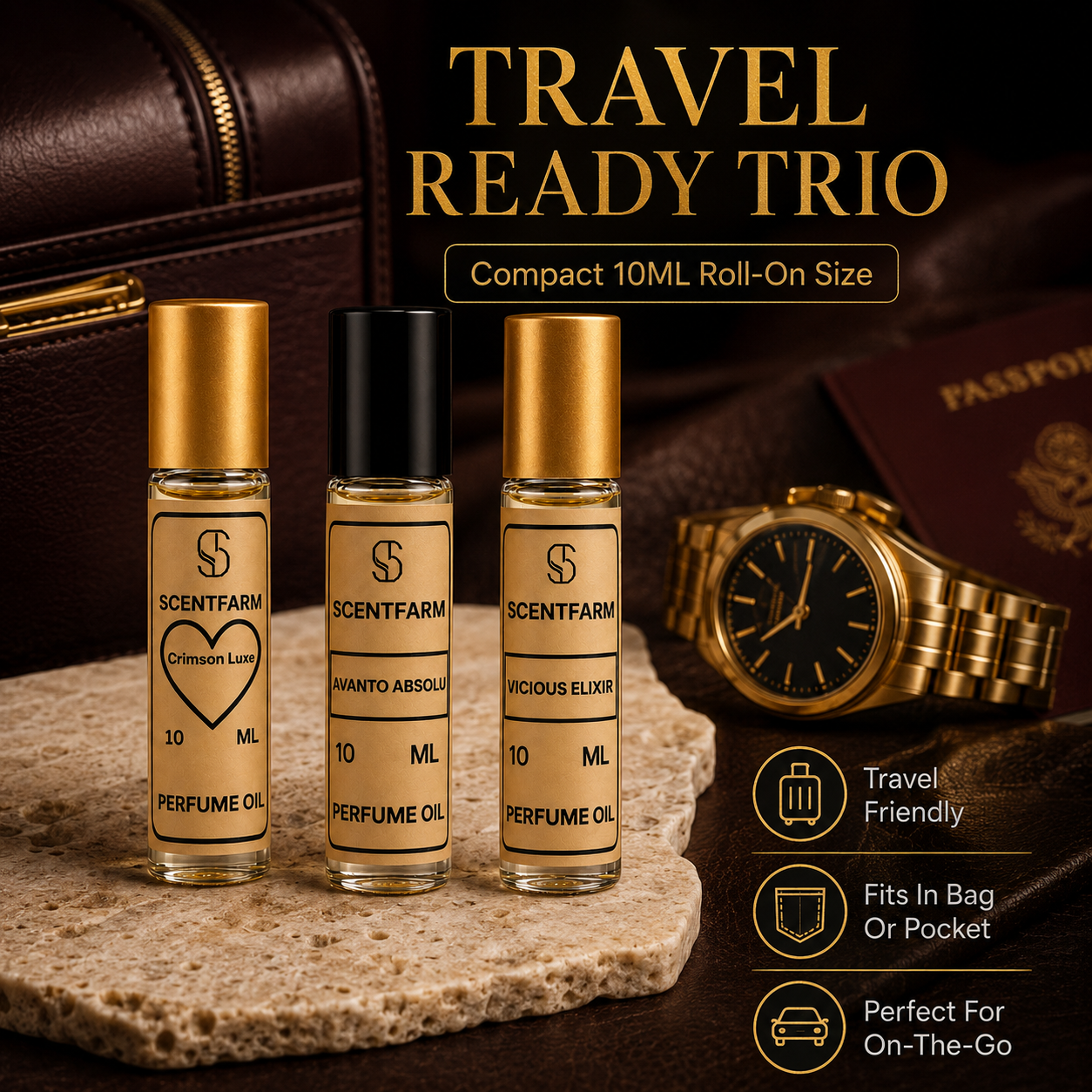 Luxury Perfume Body Oil Gift Set for Men and Women – 3 Pack Premium Quality Long Lasting Fragrance Oils, Alcohol Free Travel Size 10ML Roll On Collection, Crimson, Avanto, Vicious Elixir