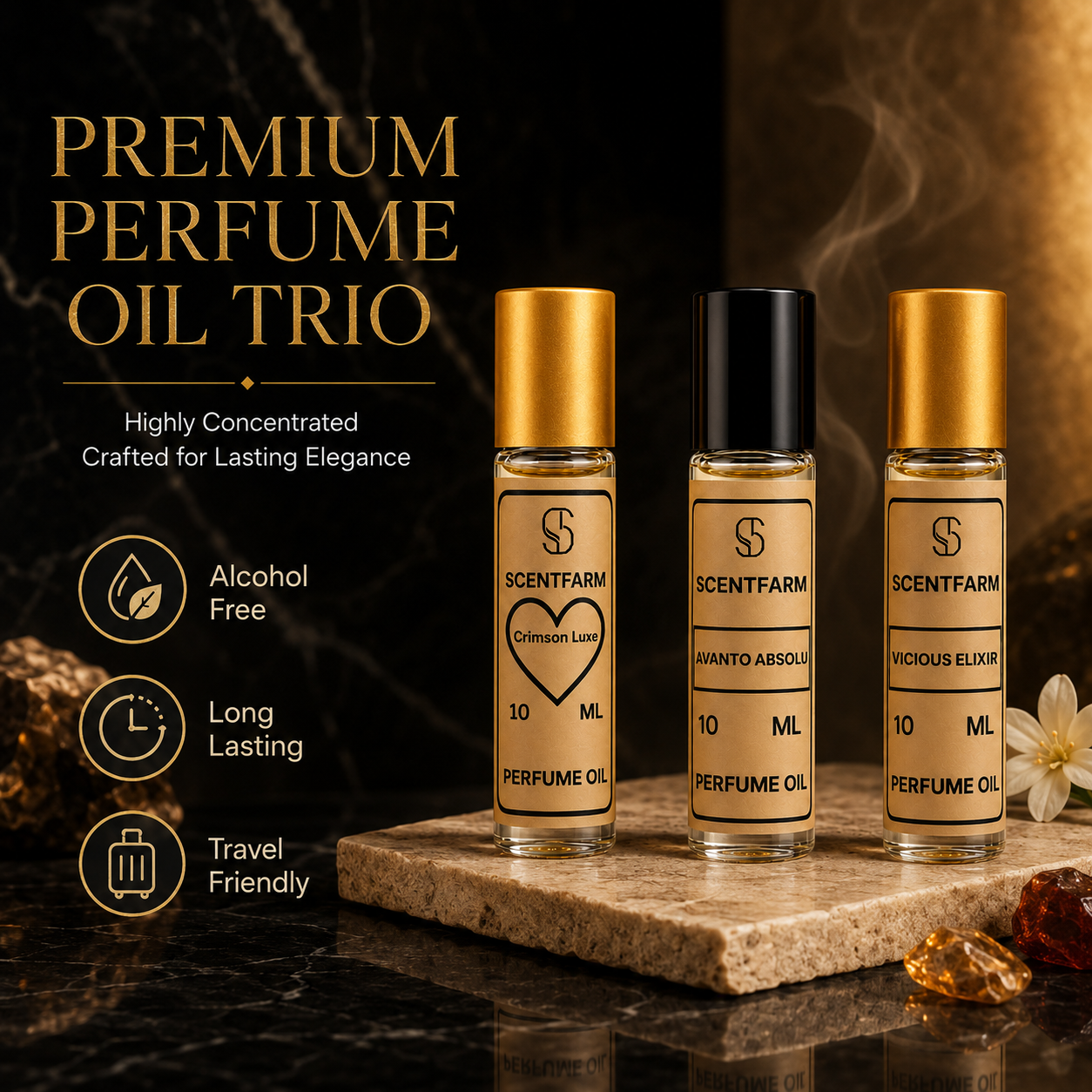 Luxury Perfume Body Oil Gift Set for Men and Women – 3 Pack Premium Quality Long Lasting Fragrance Oils, Alcohol Free Travel Size 10ML Roll On Collection, Crimson, Avanto, Vicious Elixir