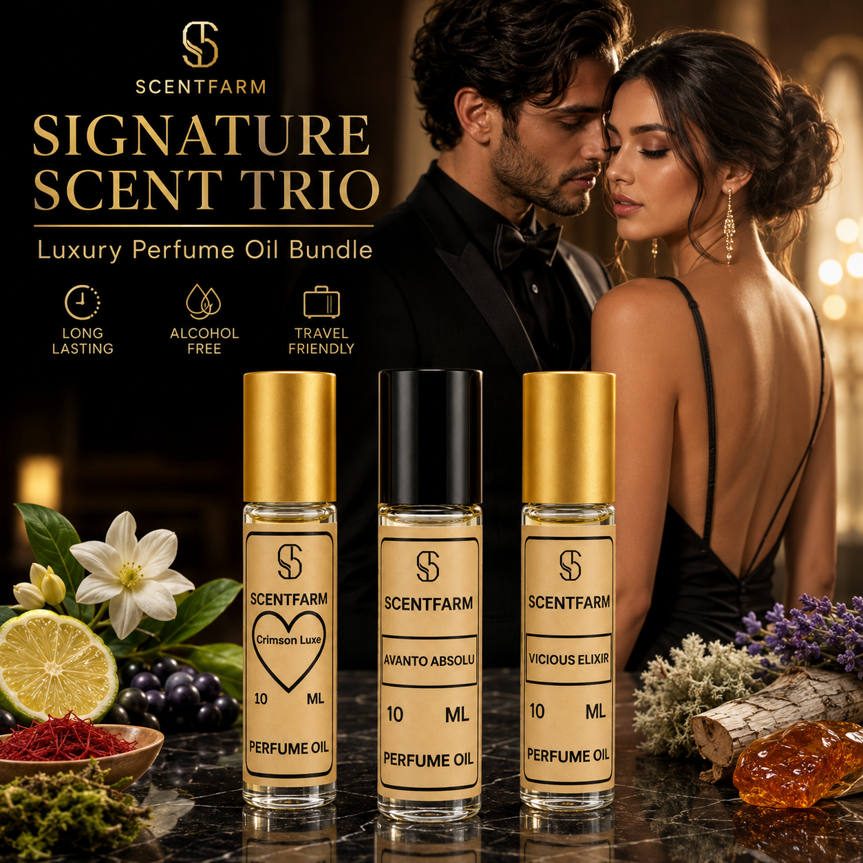 Luxury Perfume Body Oil Gift Set for Men and Women – 3 Pack Premium Quality Long Lasting Fragrance Oils, Alcohol Free Travel Size 10ML Roll On Collection, Crimson, Avanto, Vicious Elixir