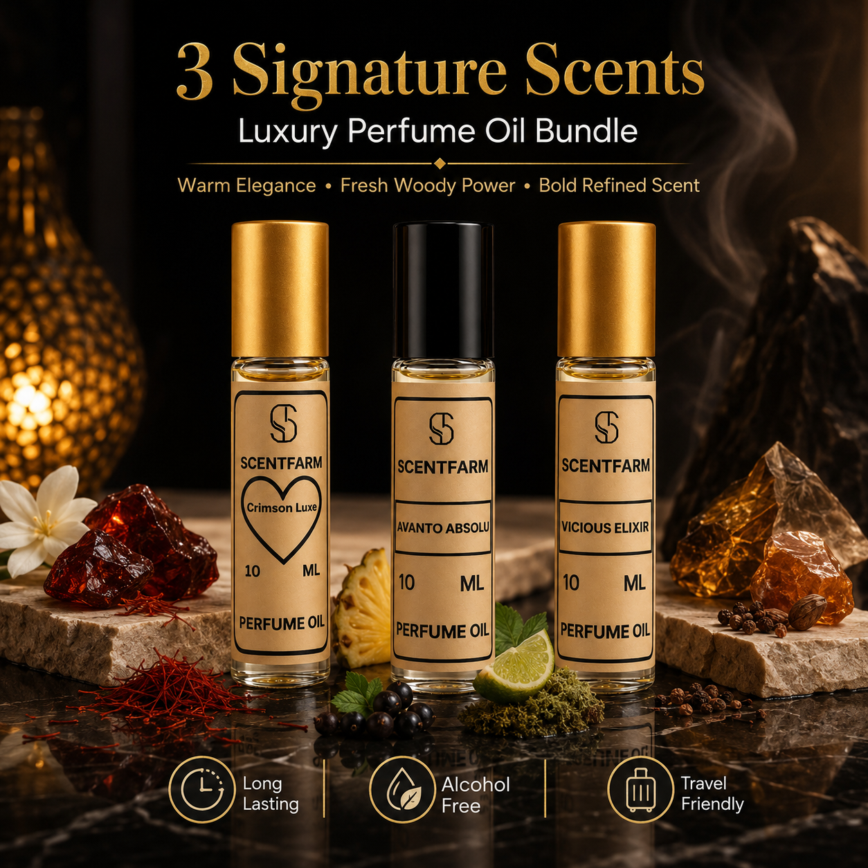 Luxury Perfume Body Oil Gift Set for Men and Women – 3 Pack Premium Quality Long Lasting Fragrance Oils, Alcohol Free Travel Size 10ML Roll On Collection, Crimson, Avanto, Vicious Elixir