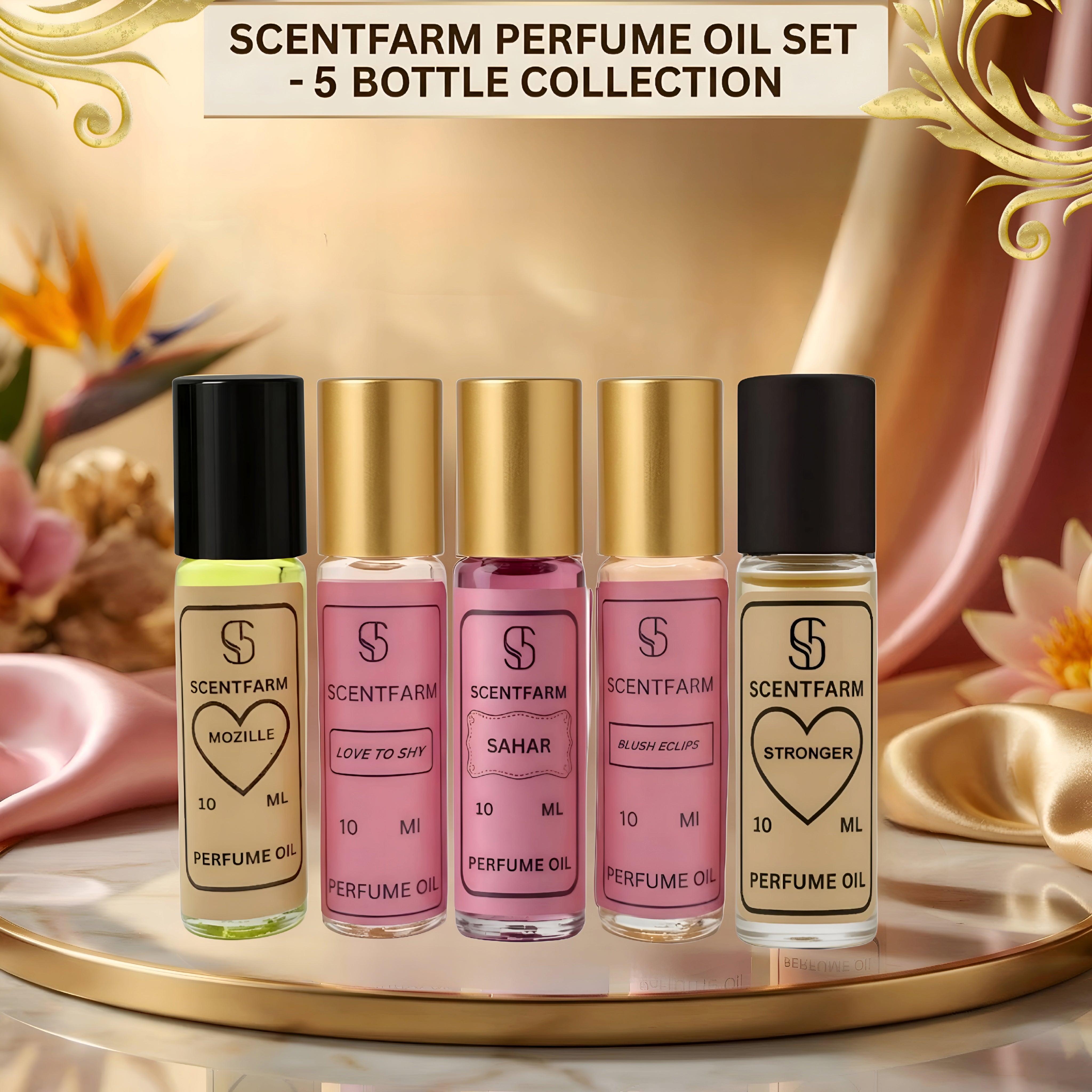 Perfume Body Oil 5x 10ML Set, Roll-On Cologne, Long Lasting, Alcohol-Free, Fragrance for Men & Women, Travel Size, Luxury Scent Blush Collection