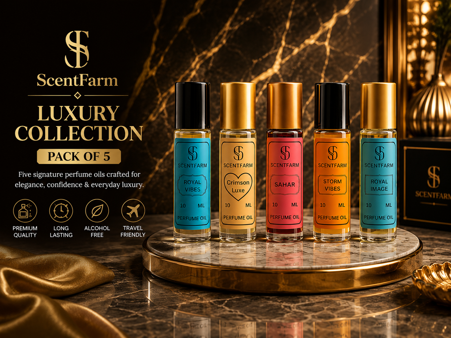 Perfume Oil 5 x10ML Set, Unisex, Long Lasting, Alcohol-Free, Roll-On Cologne, Concentrated Travel Size Body Oils, Bundle Of Royal Vibes,Crimson Luxe, Sahar, Storm Vibes & Royal Image