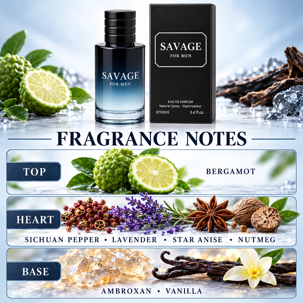 SAVAGE For Men Eau de Parfum 100ml 3.4oz Fresh Spicy Woody Cologne Spray