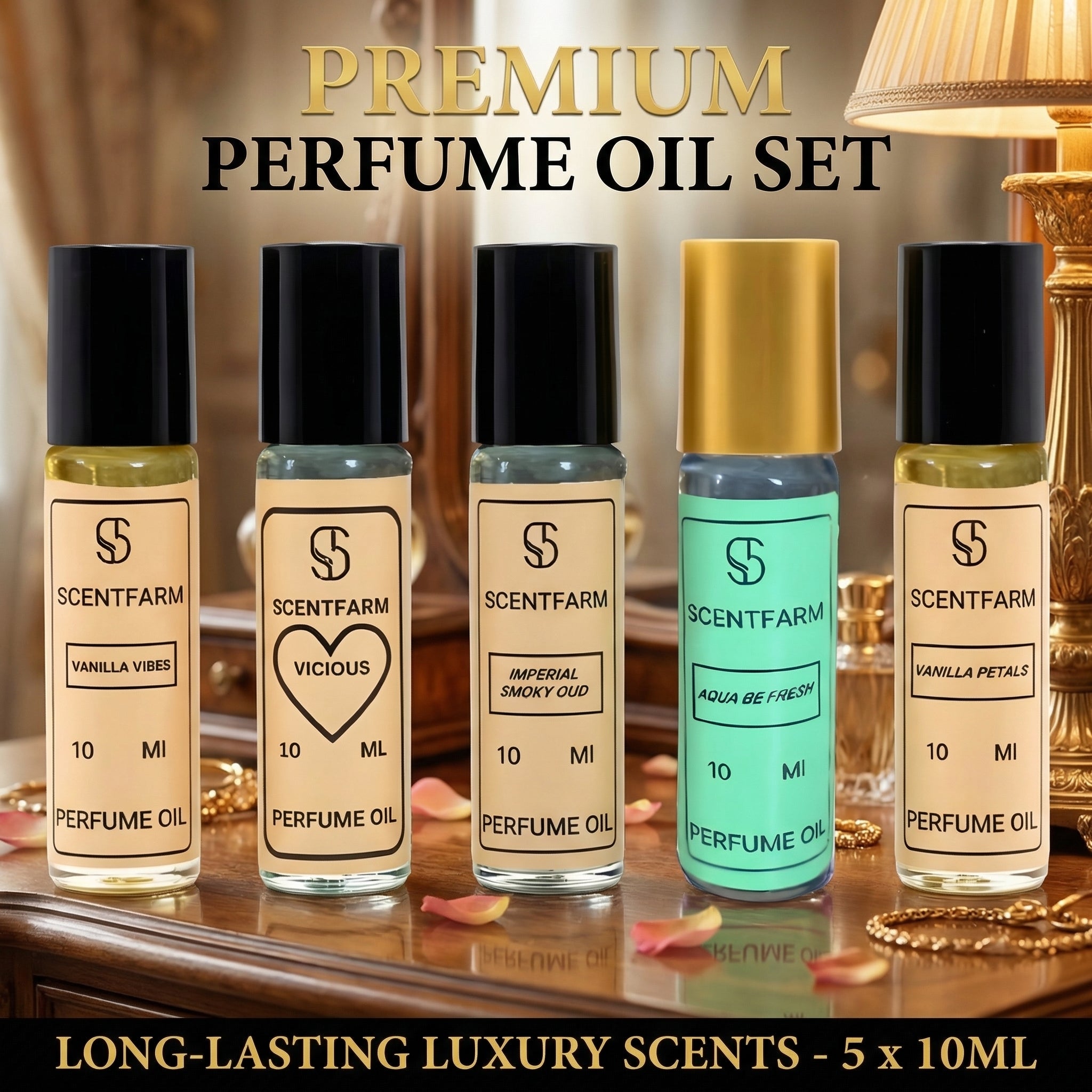 Perfume Oil 5x 10ML Roll On Cologne, Long Lasting Fragrance, Alcohol Free Scent for Men and Women, Unisex Travel Size Oils Set, (Aqua Be Fresh, Vanilla Vibes, Vicious)