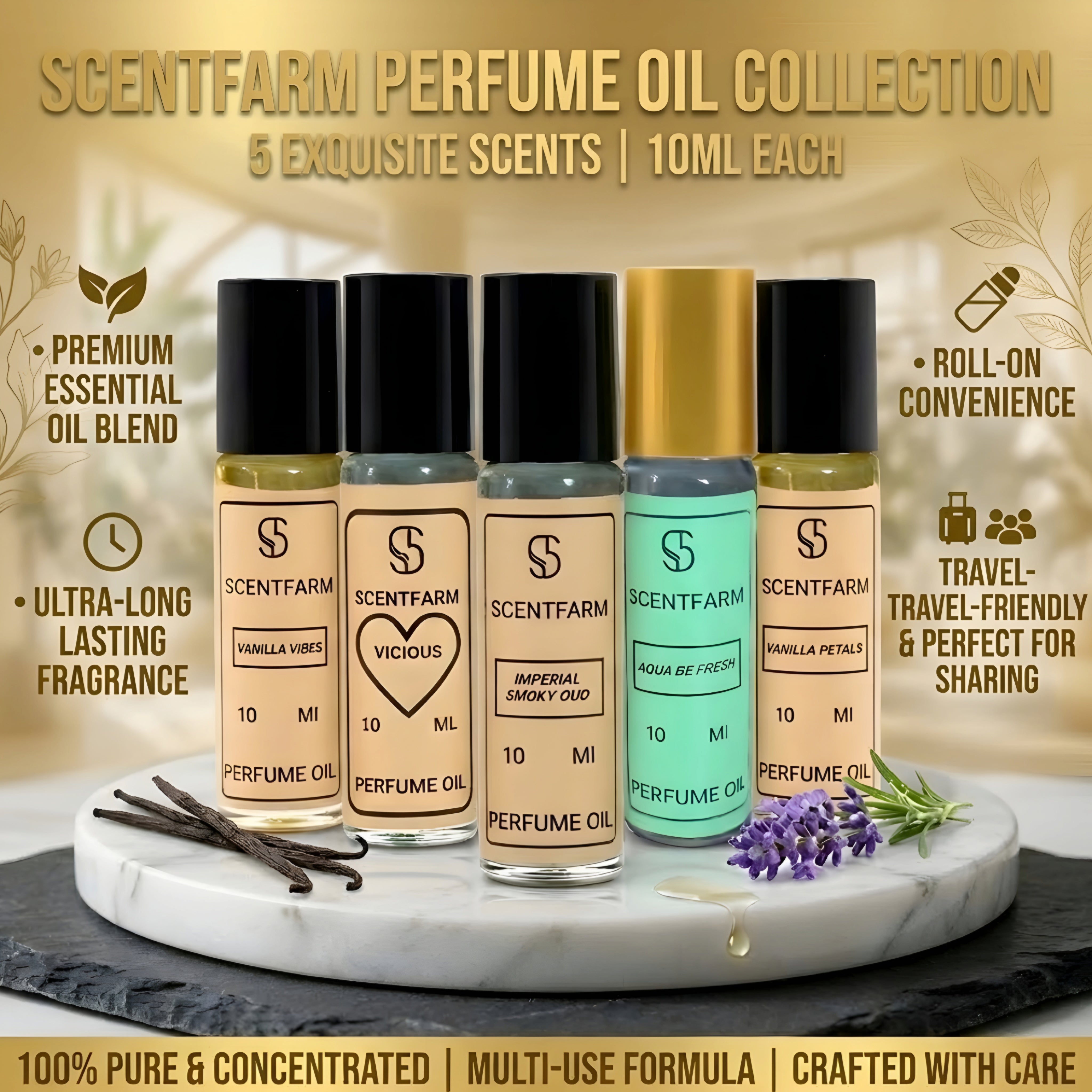 Perfume Oil 5x 10ML Roll On Cologne, Long Lasting Fragrance, Alcohol Free Scent for Men and Women, Unisex Travel Size Oils Set, (Aqua Be Fresh, Vanilla Vibes, Vicious)