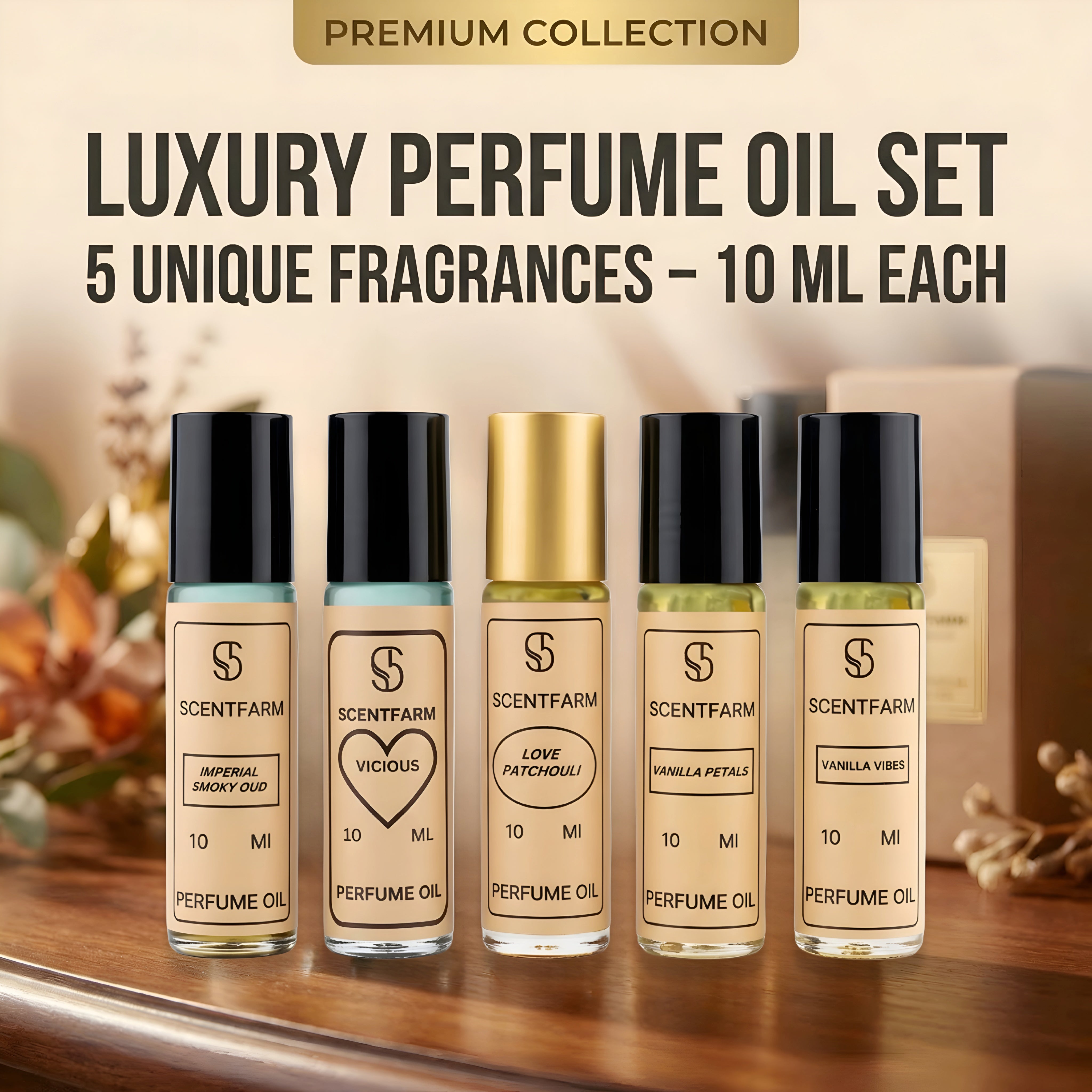 Roll-On Cologne for Men And Women 5x10ML Perfume Oil Set, Long Lasting Alcohol-Free Fragrance Oils, Travel Size, Luxury Vanilla Collection Scents (SMOKY OUD, Vanilla Vibes)
