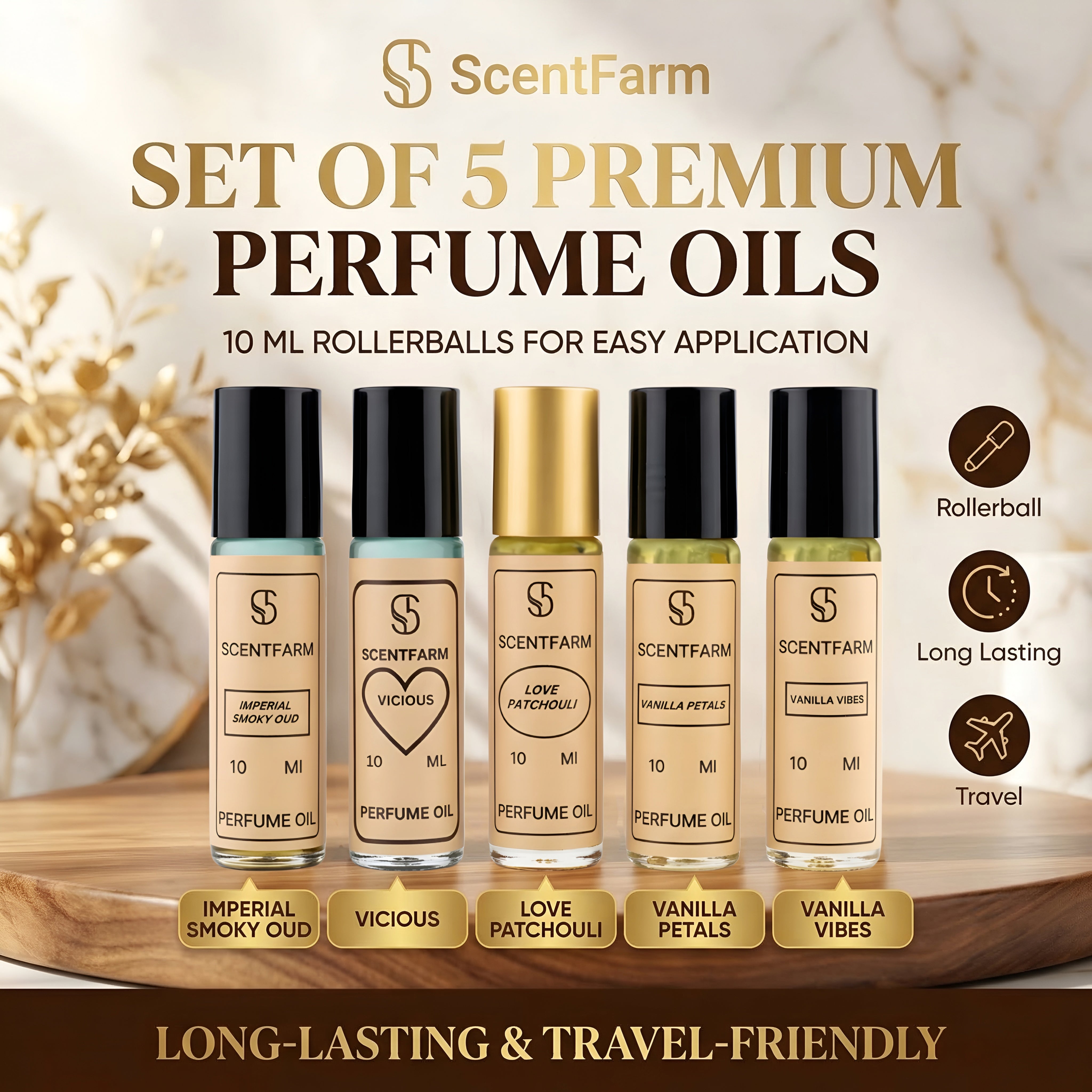 Roll-On Cologne for Men And Women 5x10ML Perfume Oil Set, Long Lasting Alcohol-Free Fragrance Oils, Travel Size, Luxury Vanilla Collection Scents (SMOKY OUD, Vanilla Vibes)