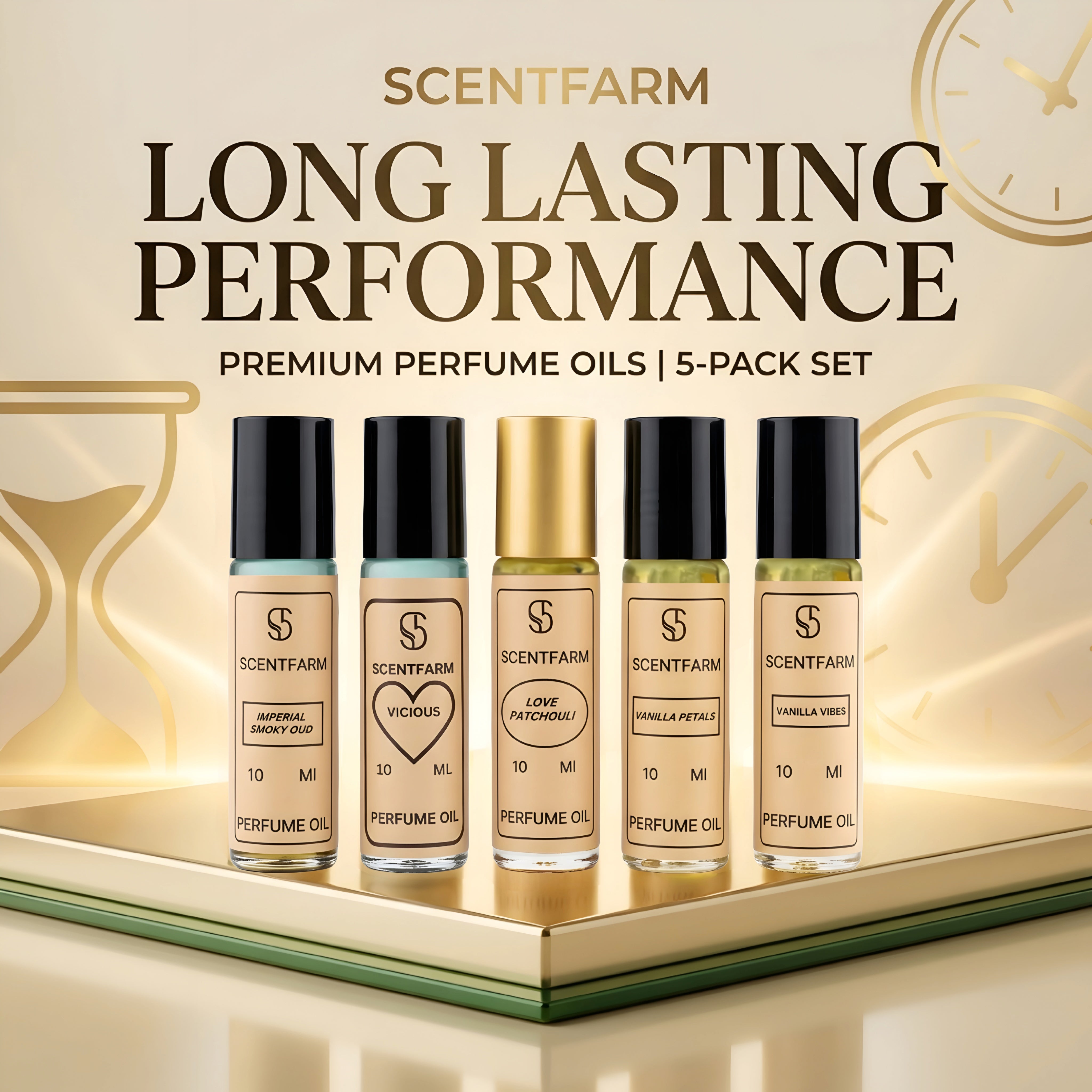 Roll-On Cologne for Men And Women 5x10ML Perfume Oil Set, Long Lasting Alcohol-Free Fragrance Oils, Travel Size, Luxury Vanilla Collection Scents (SMOKY OUD, Vanilla Vibes)