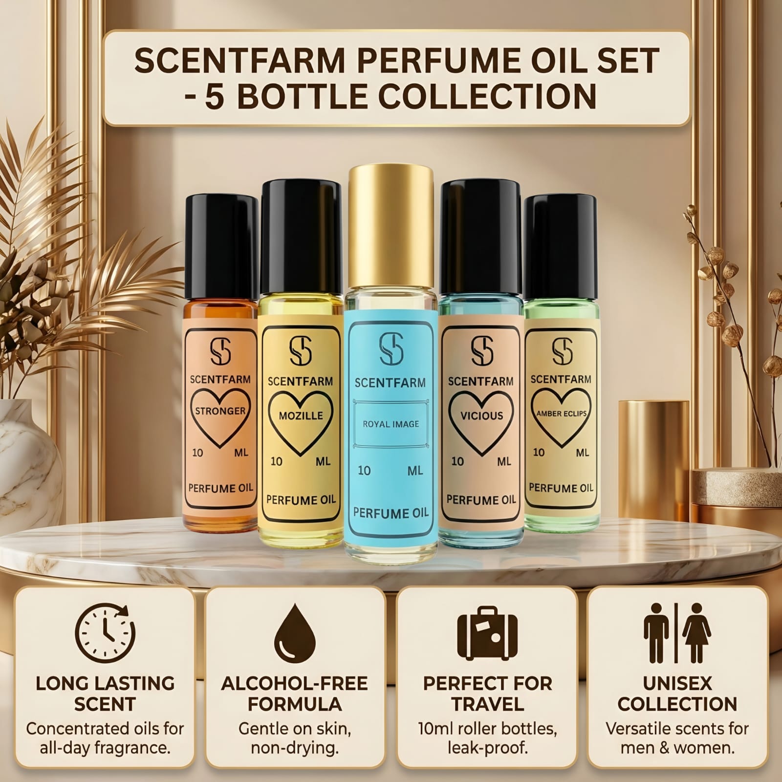 Perfume Body Oil Set for Men & Women – 5 x 10ml Luxury Roll-On Fragrance Oils | Long Lasting, Alcohol-Free, Travel-Friendly,(Stronger, Mozille, Royal Image, Vicious,Amber Eclipse)