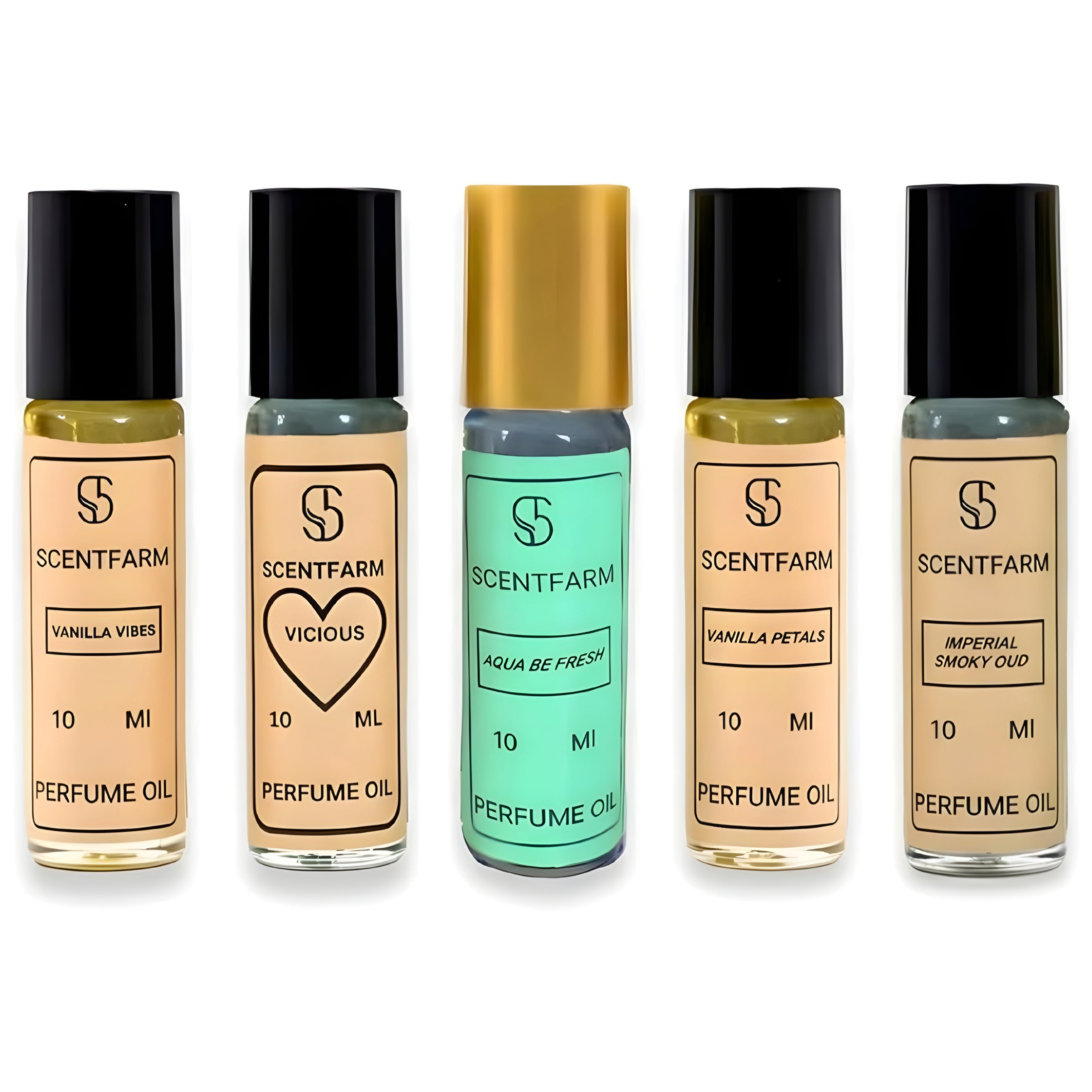 Perfume Oil 5x 10ML Roll On Cologne, Long Lasting Fragrance, Alcohol Free Scent for Men and Women, Unisex Travel Size Oils Set, (Aqua Be Fresh, Vanilla Vibes, Vicious)